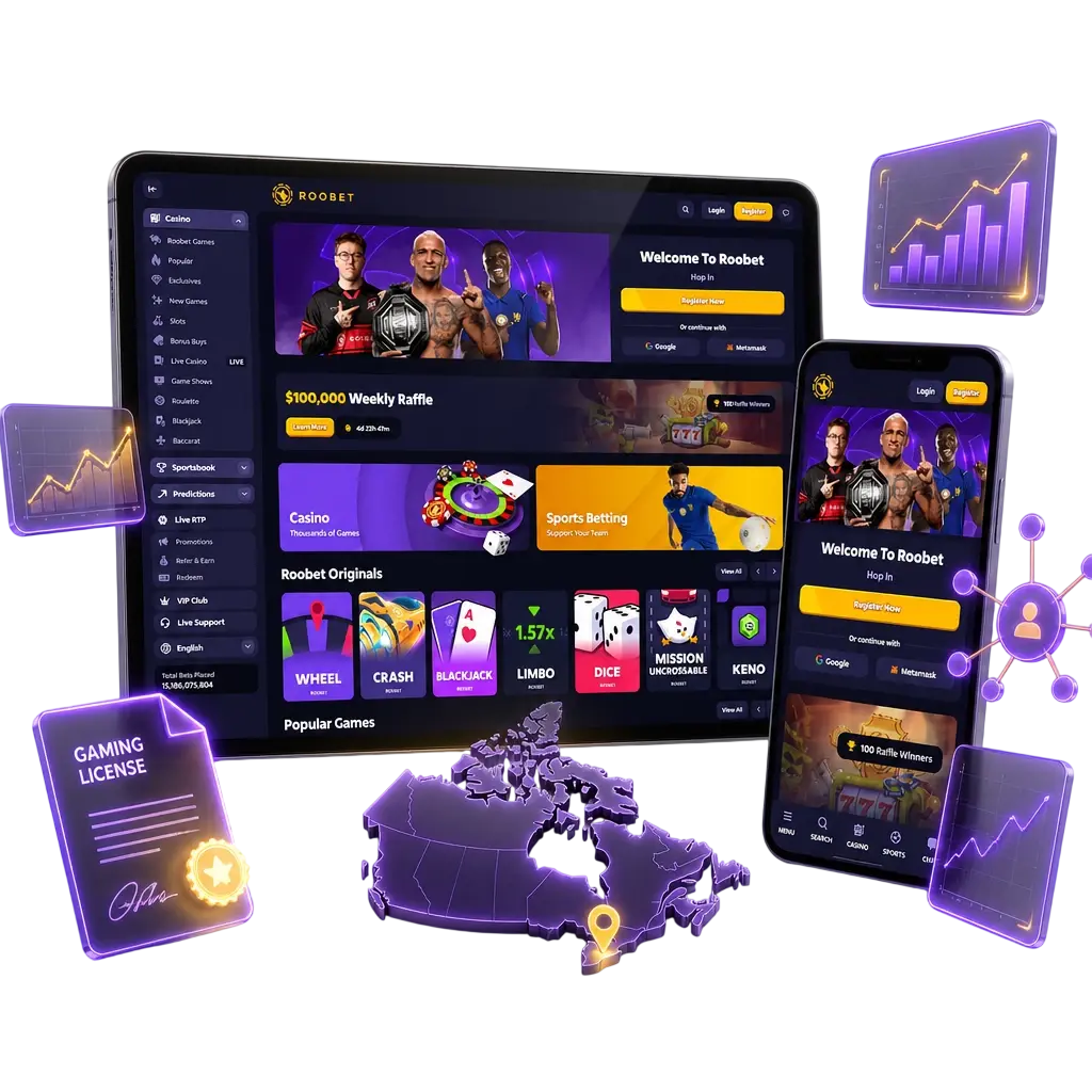 Roobet online casino and sportsbook logo, licensed in Curacao, offering crypto payments for Canadian players