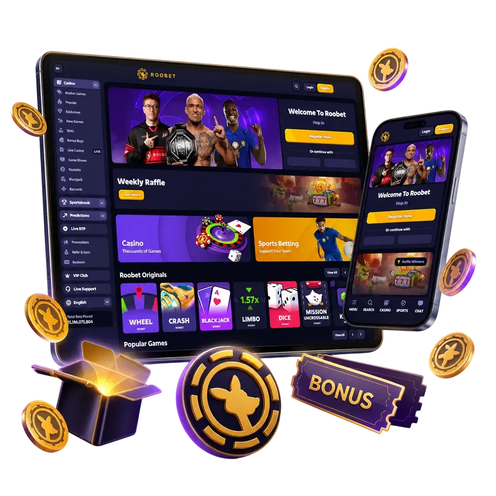 Roobet bonus overview showing welcome matches, cashback, reload offers, and VIP loyalty program for Canadian players