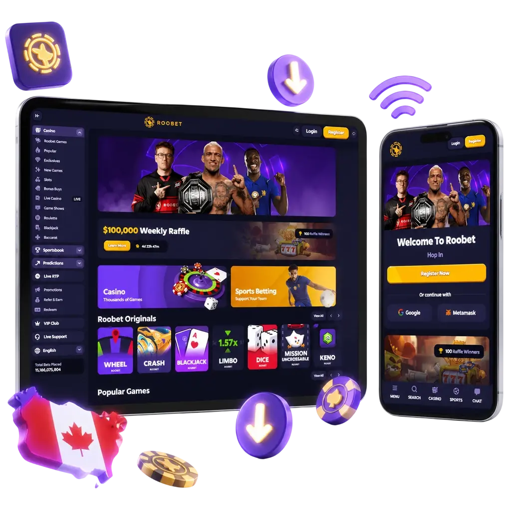 Roobet mobile app download screen for Android and iOS with betting, cashier, and casino access on the go