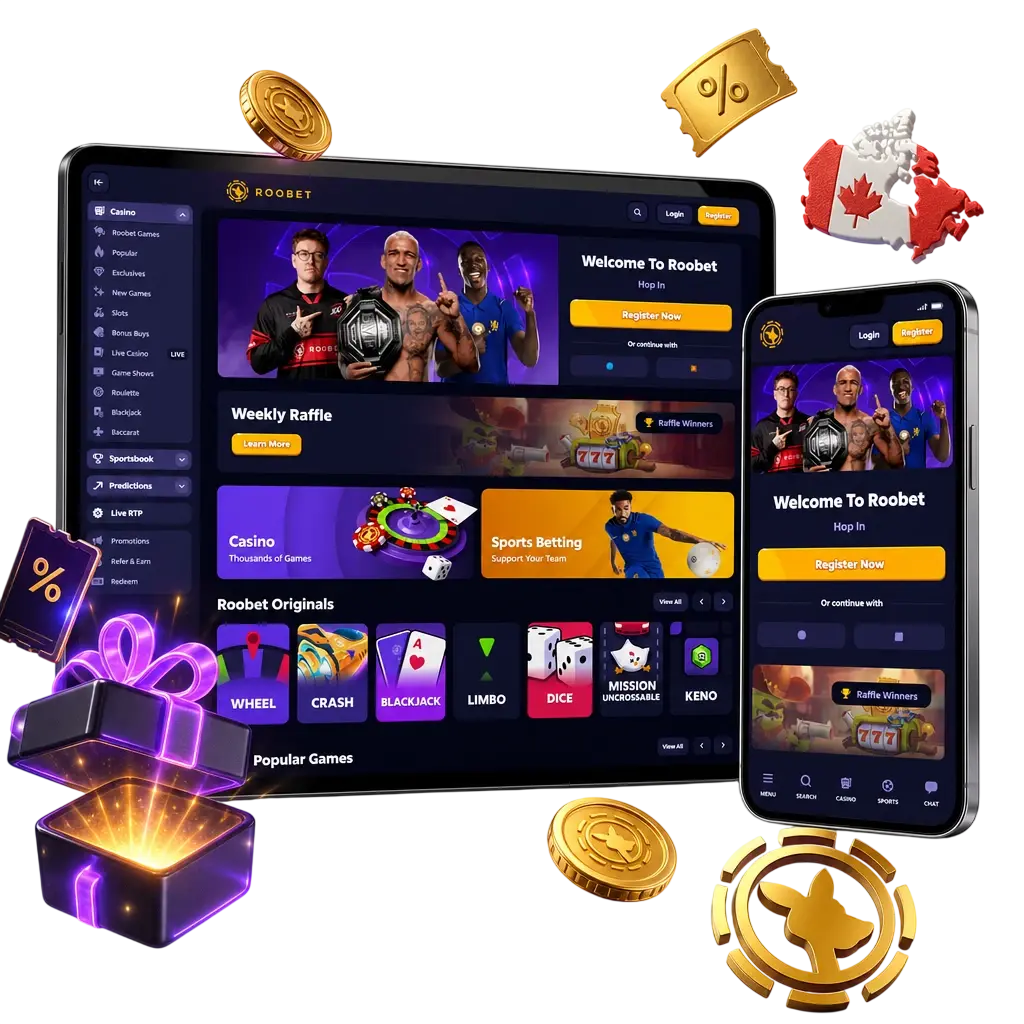 Roobet first deposit bonus screen showing match percentage, wagering requirements, and expiry details for Canadian players