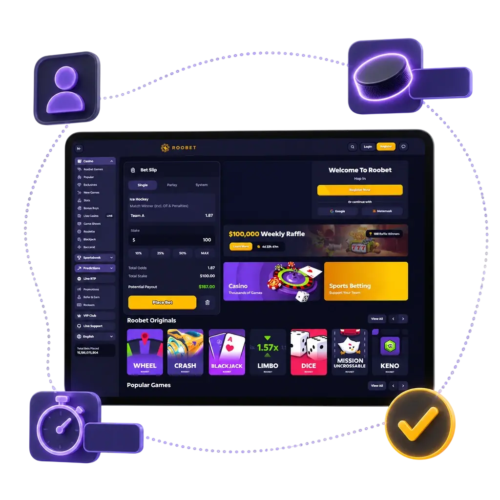 Step-by-step guide showing how to sign up and place an ice hockey bet on Roobet's sportsbook platform.