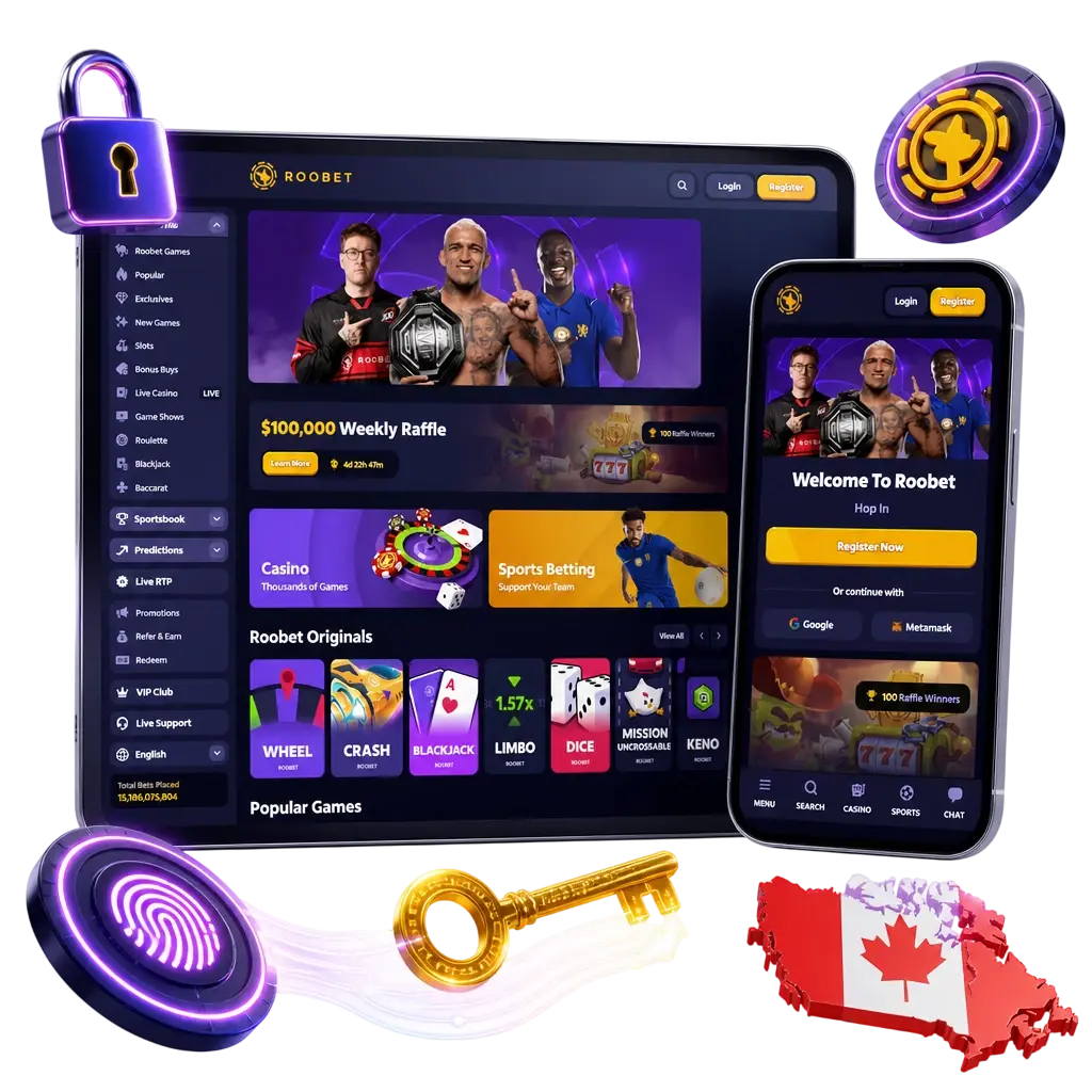 Roobet login screen showing steps to sign in with email, ID, or phone number and password in Canada