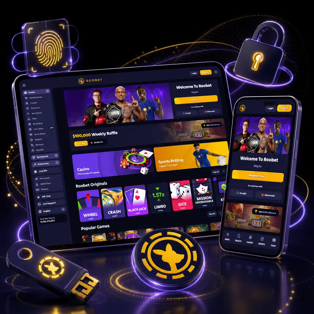 Step-by-step guide showing how to log in to a Roobet account using email, password, and two-factor authentication.