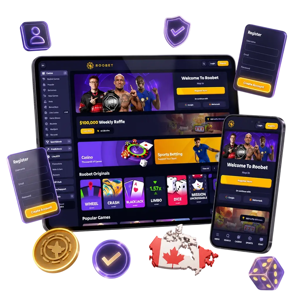 Step-by-step guide showing how to register a Roobet account in Canada, including sign-up form and verification steps.