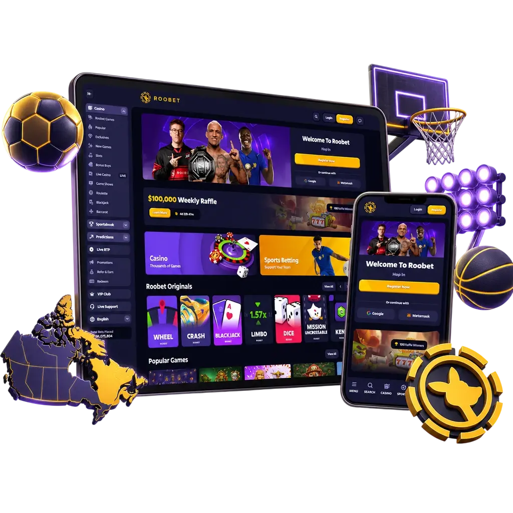 Roobet mobile app displaying sports betting dashboard with live odds for soccer, basketball, hockey, and esports