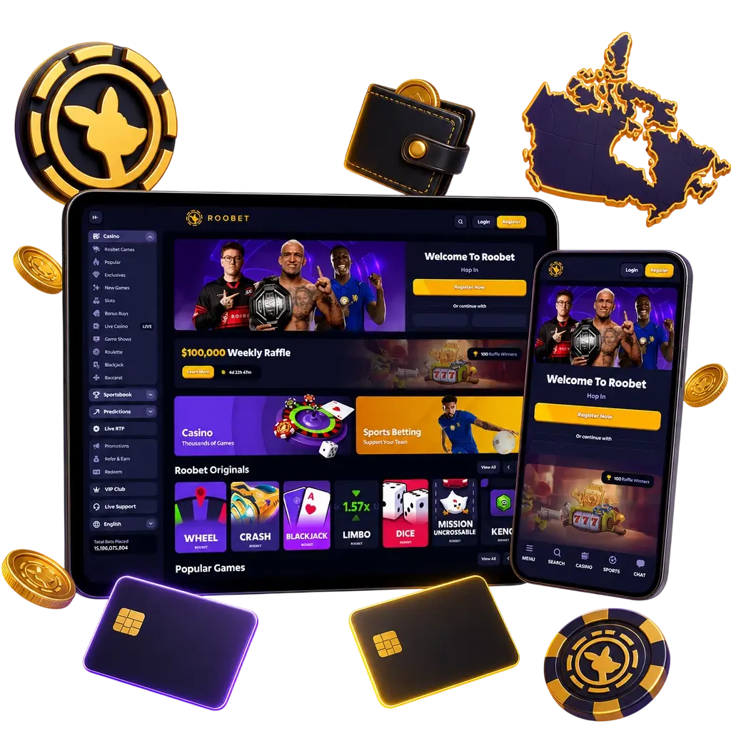 Roobet app cashier for Canadian users showing Visa, Mastercard, and crypto payment options with balances displayed in CAD
