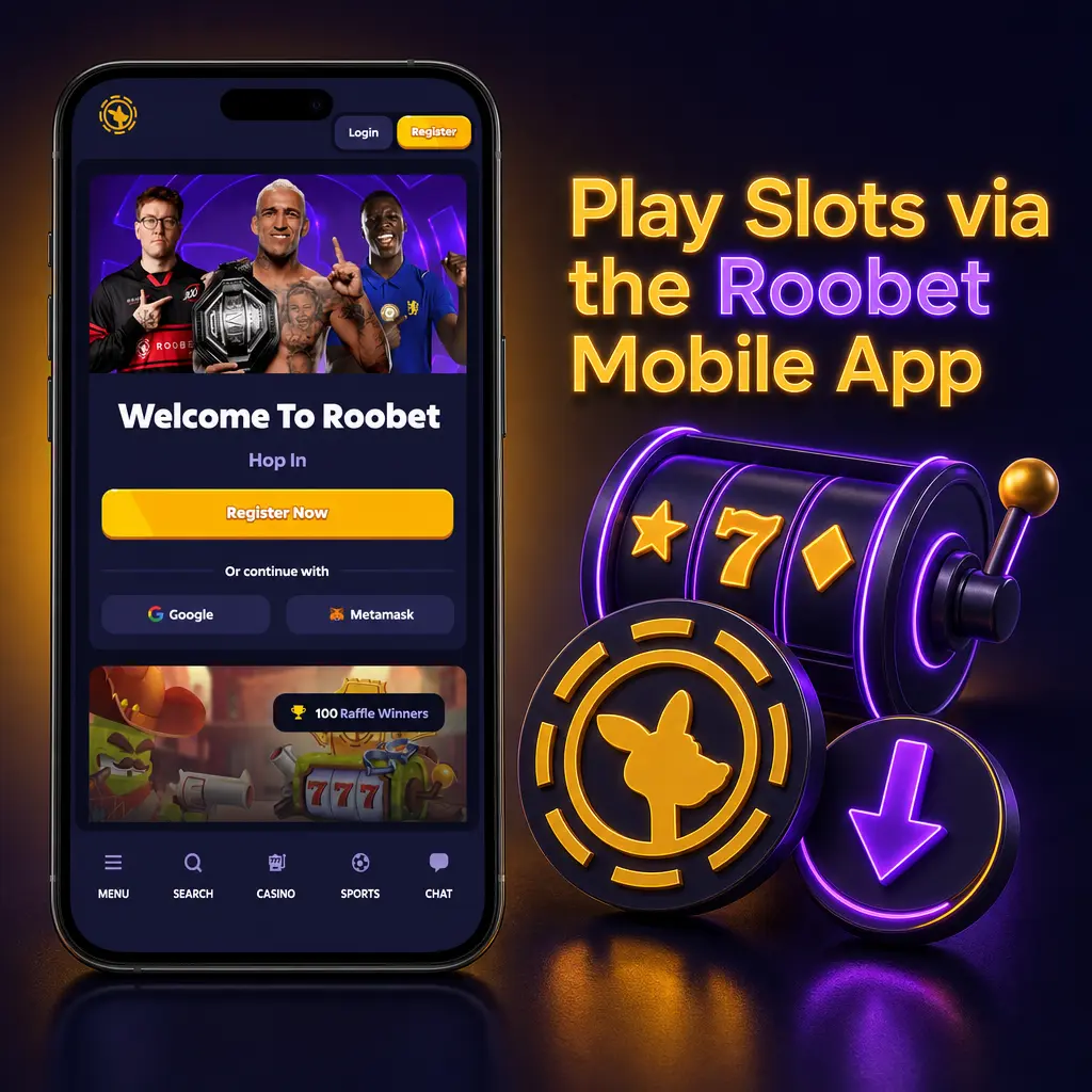 Roobet mobile app slots lobby showing vertical layout with filters and search bar for browser-based game rounds