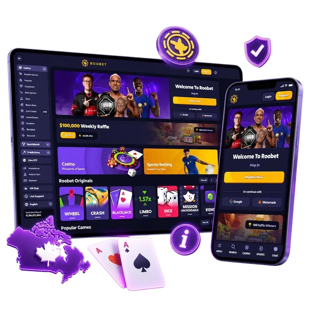 Roobet overview showing sportsbook coverage, 3,000+ casino games, mobile apps, and crypto payment options in Canada