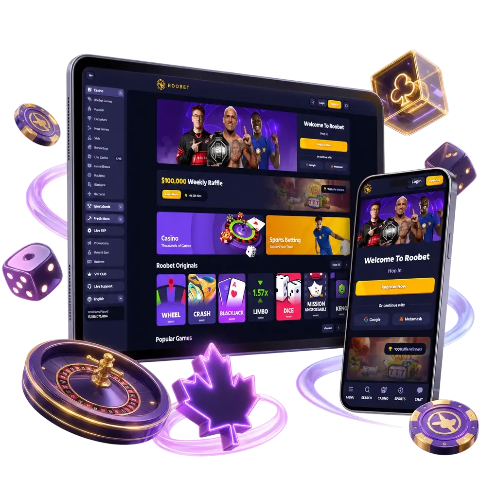 Roobet Casino games section showing slots, crash games, table games, Megaways, jackpots, and instant win categories.