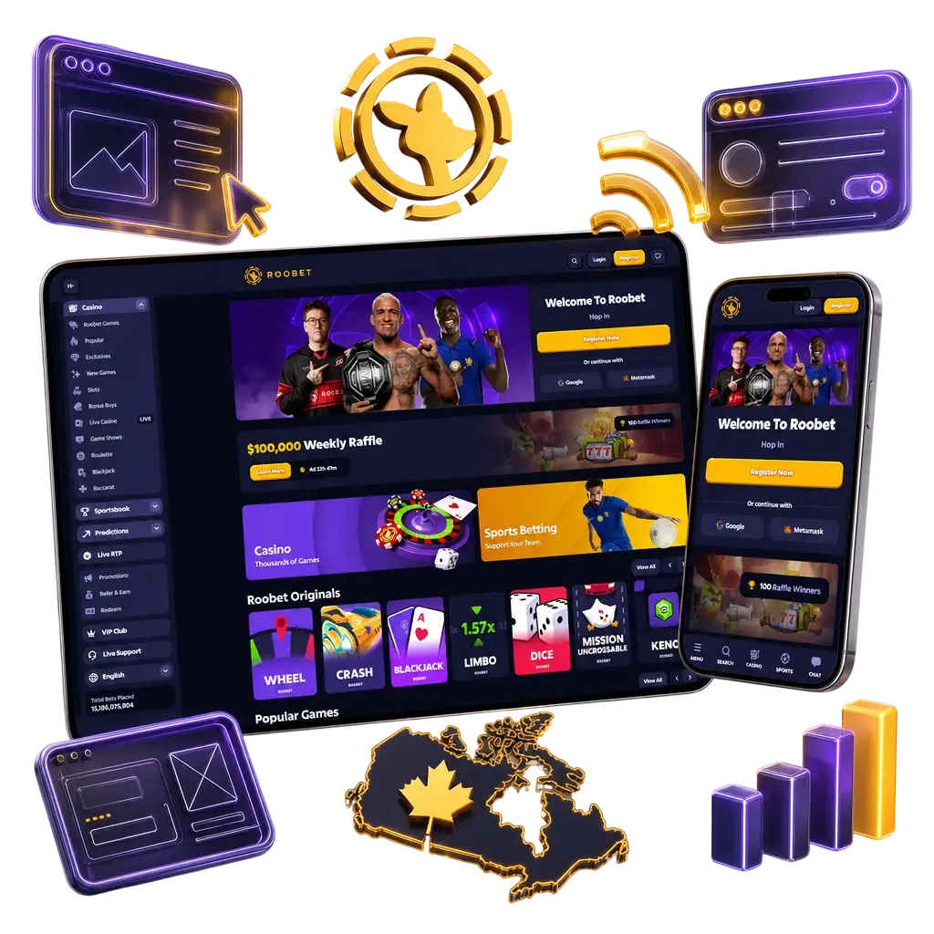 Roobet mobile website interface showing casino and sportsbook betting markets on a smartphone browser