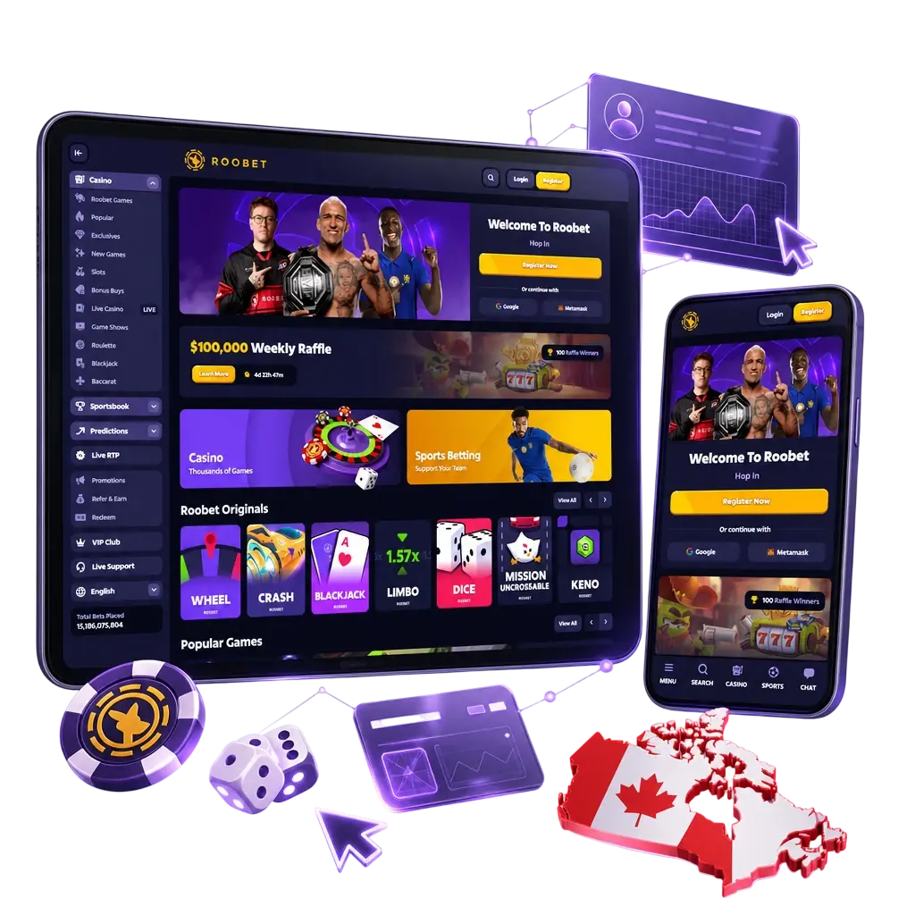 Roobet website interface showing sportsbook, casino, and promotions with colourful top menu and lobby filters