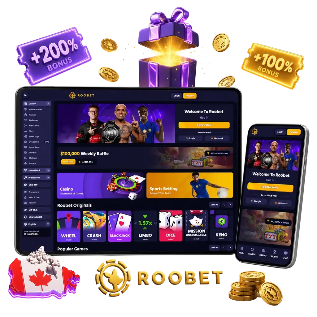 Roobet welcome bonus: 100% deposit match for football betting on Champions League and Canada leagues, with wagering requirements.