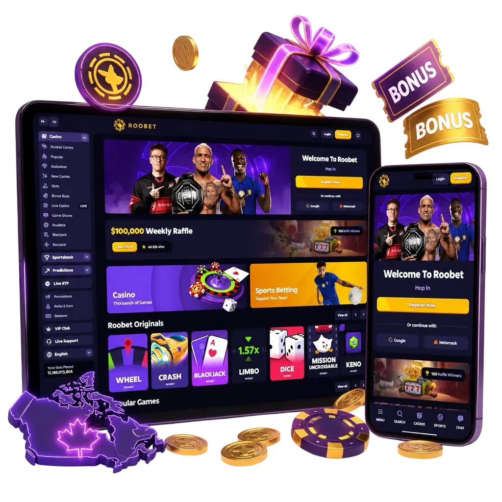 Roobet welcome bonus offers for Canadian players, showing casino and sports deposit match promotions with terms.