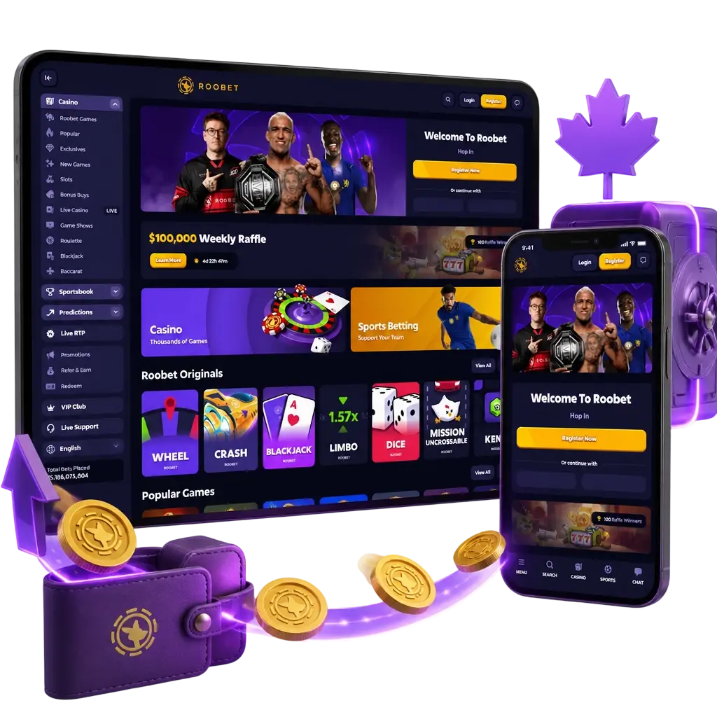 Roobet withdrawal methods in Canada, including Bitcoin, Ethereum, Litecoin, Tether, and Dogecoin payout options.