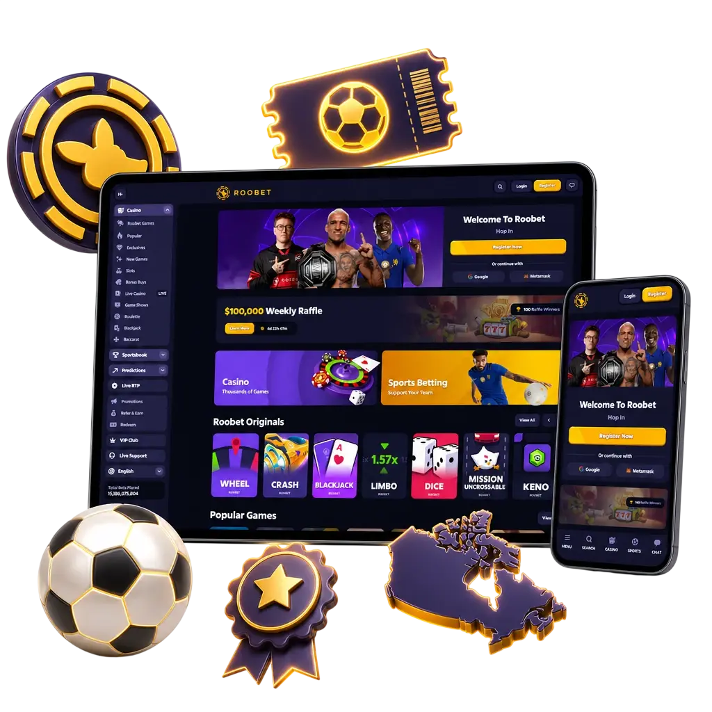 Roobet sports welcome bonus banner showing deposit match offer for betting on hockey, soccer, cricket, and esports