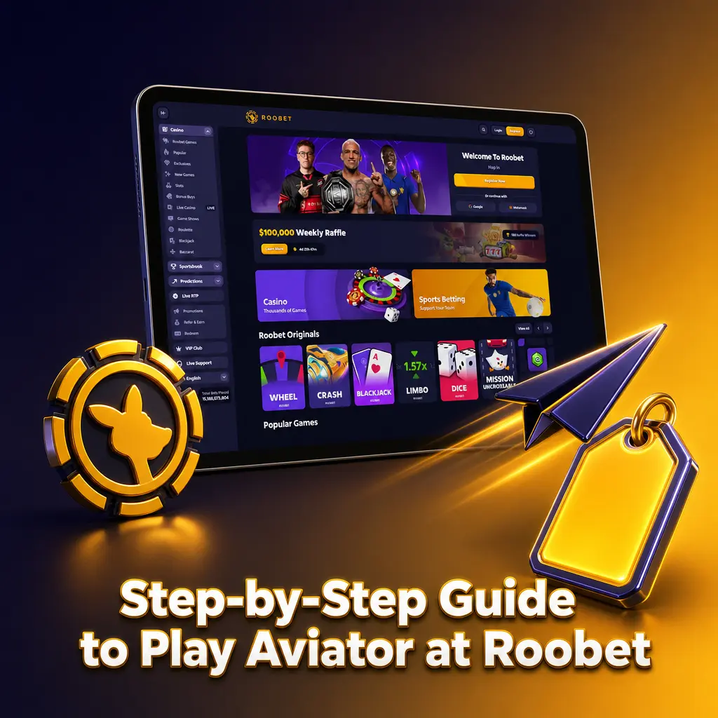 Step-by-step guide showing how to sign up, deposit, and play Aviator crash game at Roobet casino