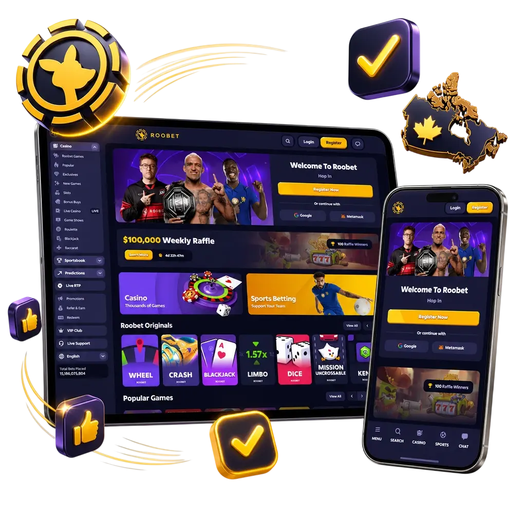 Roobet app interface showing fast mobile access to live sports betting and casino games with biometric login